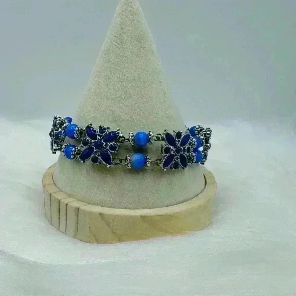 Blue Floral Statement Piece Bracelet
